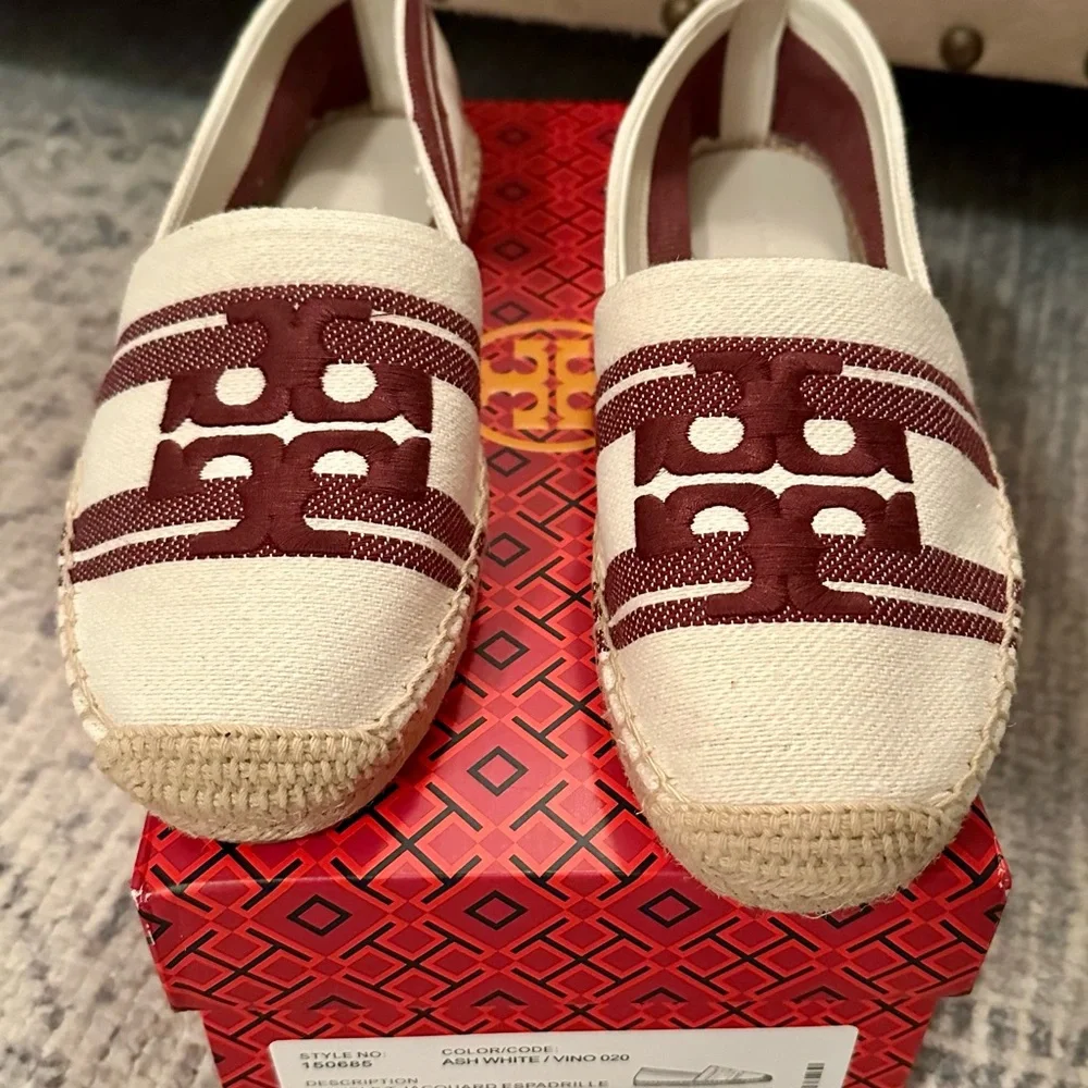 Tory Burch DOUBLET JACQUARD ESPADRILLE STRIPE LOGO Women's Burgundy and Cream 9